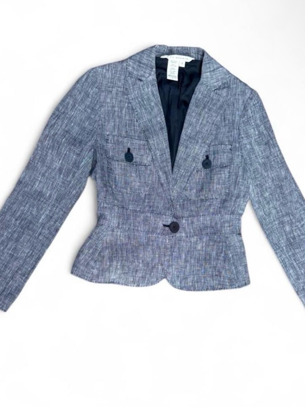 Max Studio Gray 100% Linen Peplum Utility Blazer Jacket Size 2 career buttons